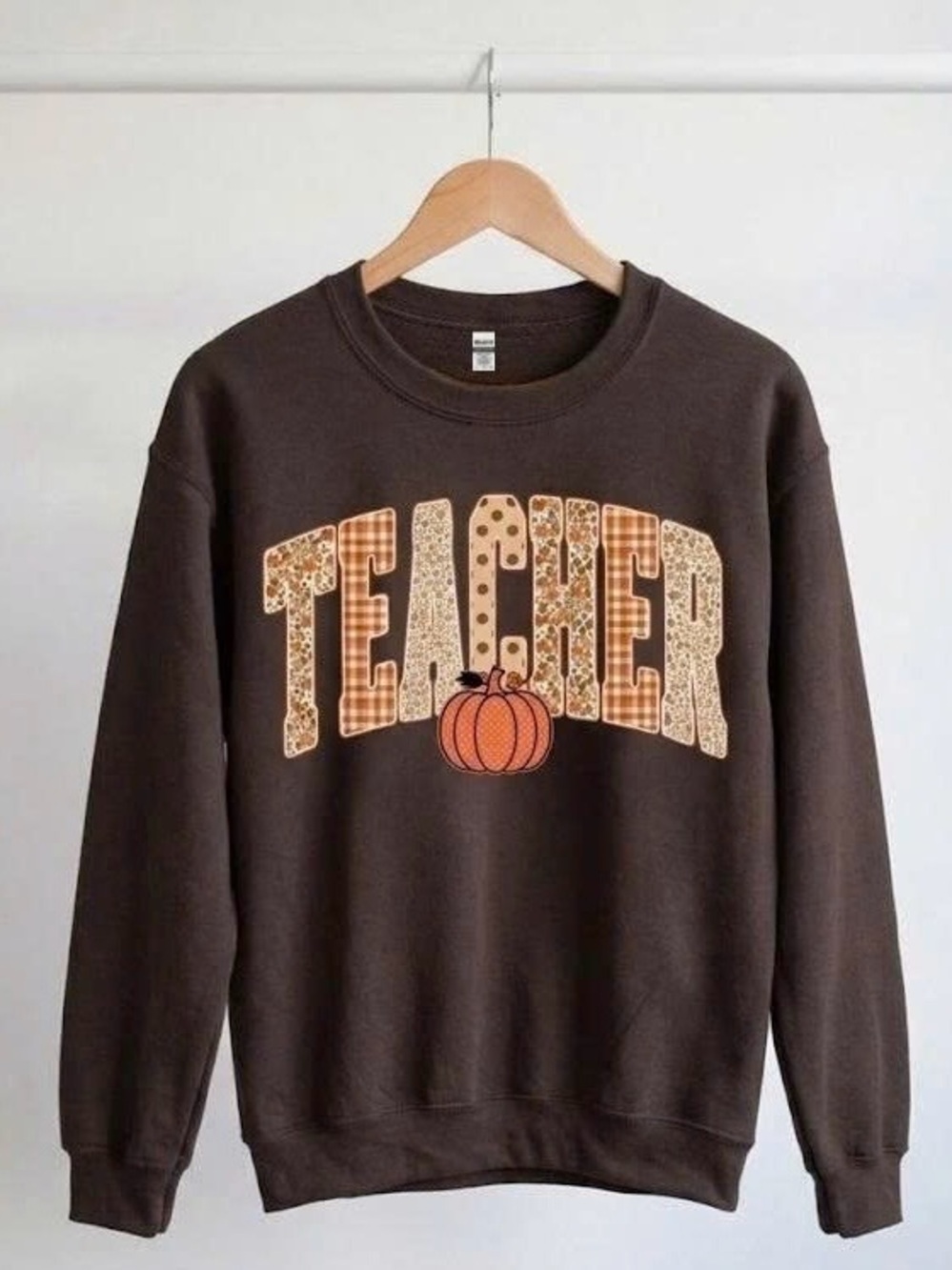 Fall Teacher Pumpkin Patch Graphic Brown Crewneck Sweatshirt